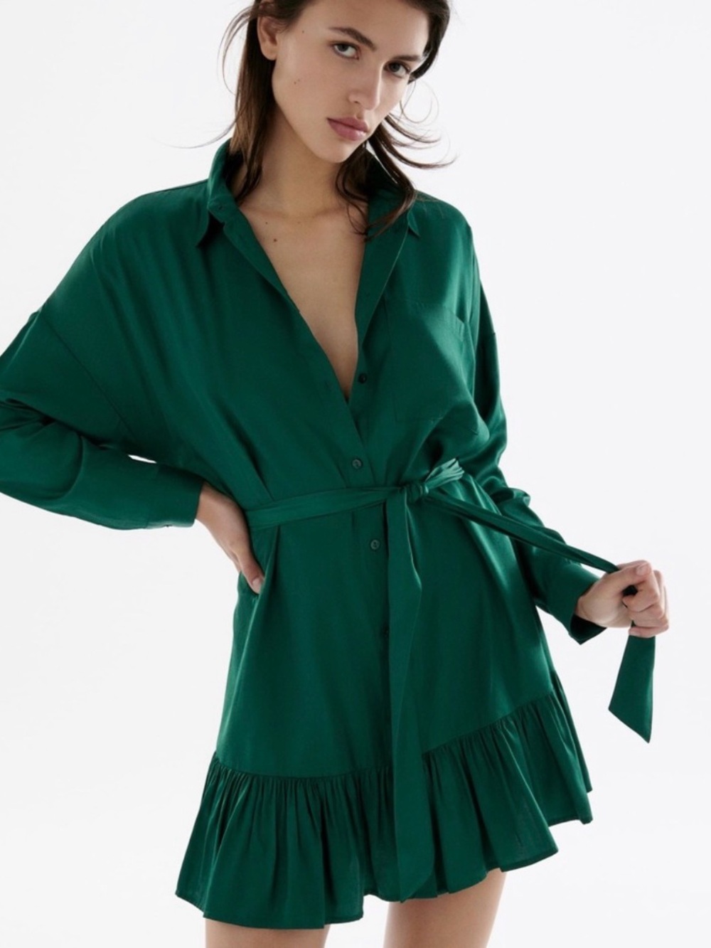 ZARA Satin Short Ruffled-Hem Button-Up Shirt Dress Self-Tie Belt Emerald Green S